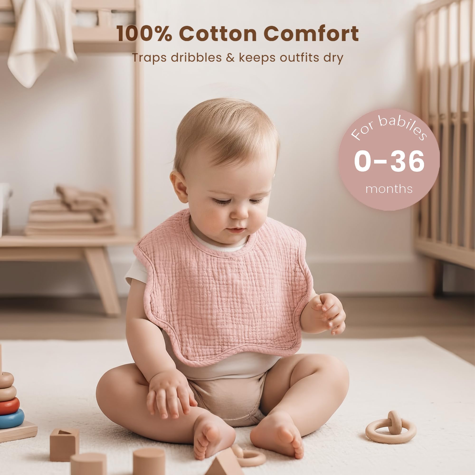 Konssy bib set shows adorable prints in neutral tones for everyday outfits.