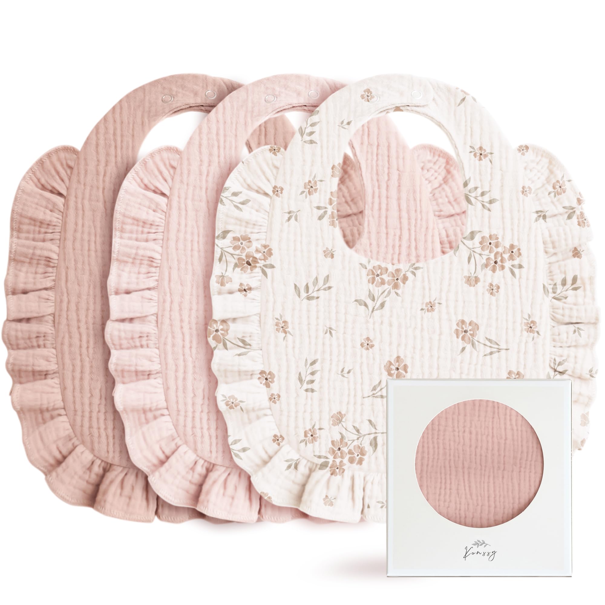 Konssy Muslin Baby Bibs front view with soft fabric and ruffle trim