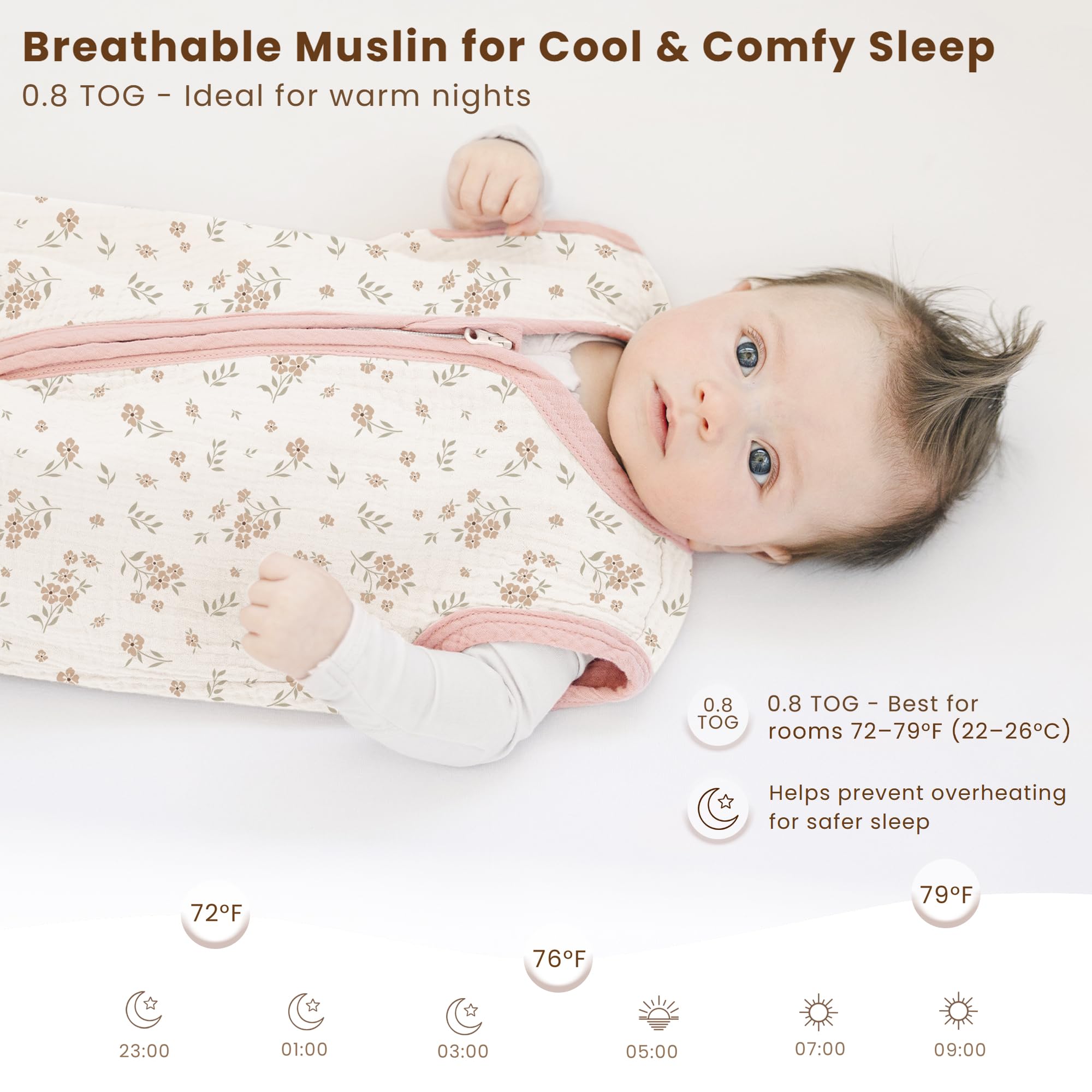 Konssy muslin sleep sack blossom print side view for easy daily changes