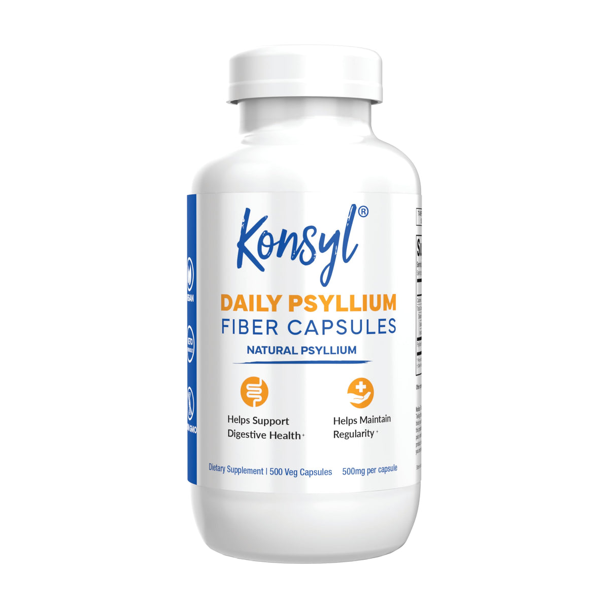 Konsyl Daily Psyllium capsules bottle shows the 500-count container for convenient daily fiber.