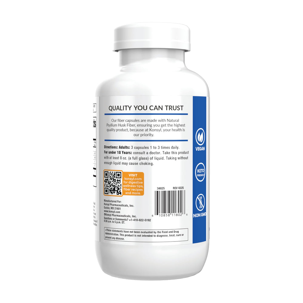 Konsyl capsule box and label highlight unflavored, sugar-free, vegan fiber.