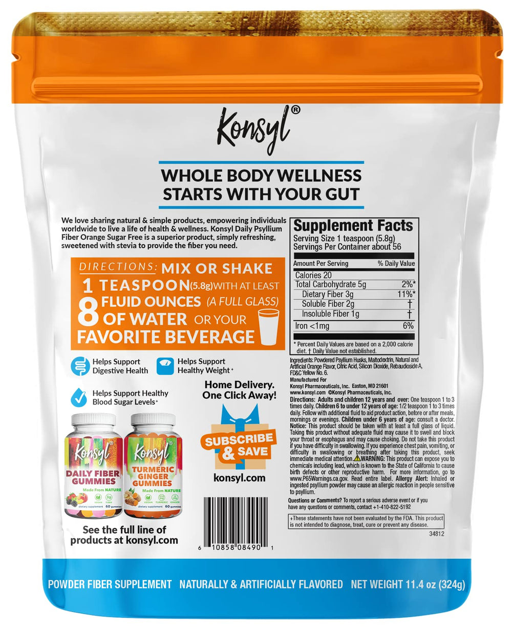 Konsyl Daily Psyllium Orange Sugar Free dispensing close-up for quick mixing.