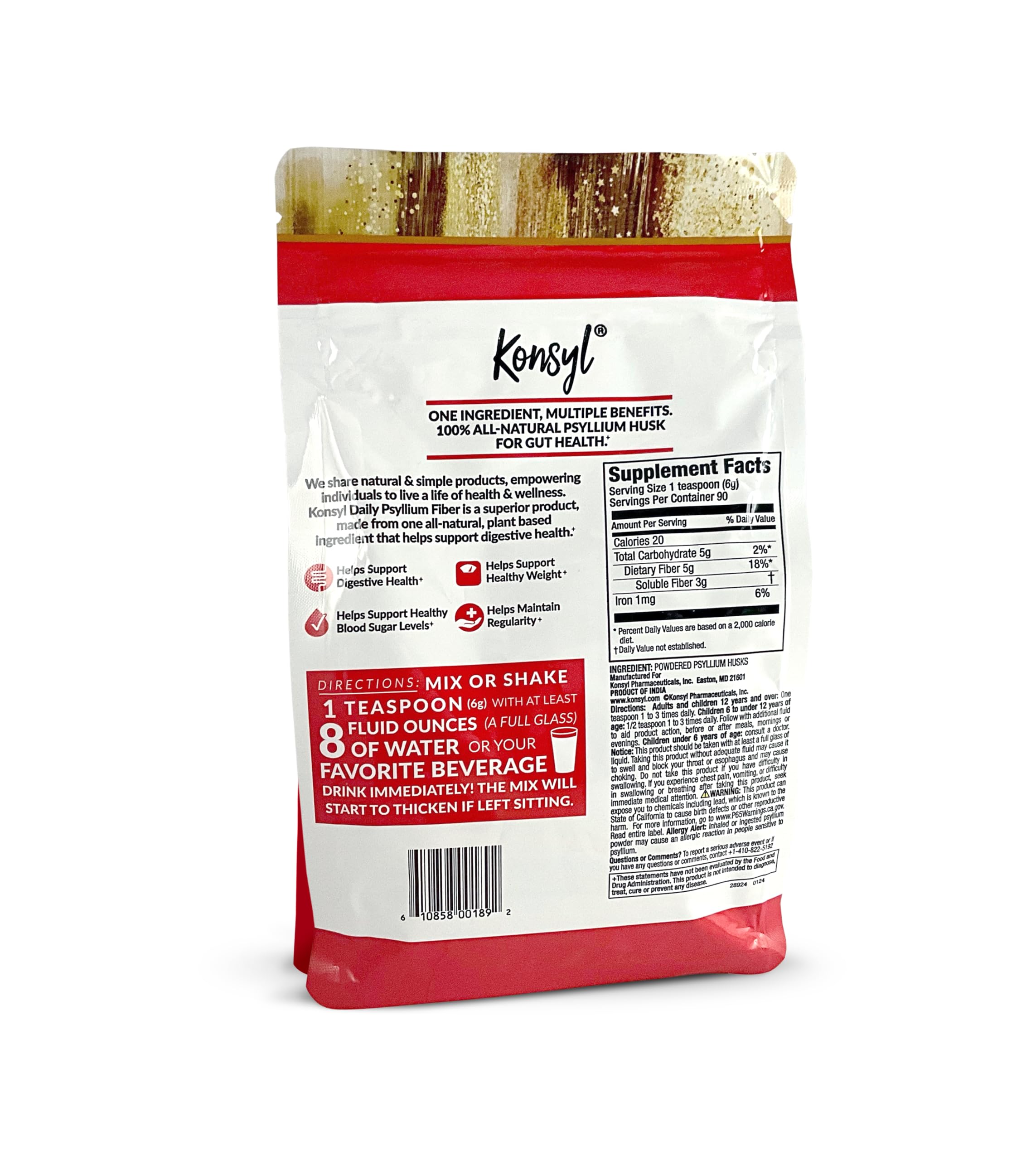 Konsyl psyllium powder scoop highlighting easy serving and 90 servings