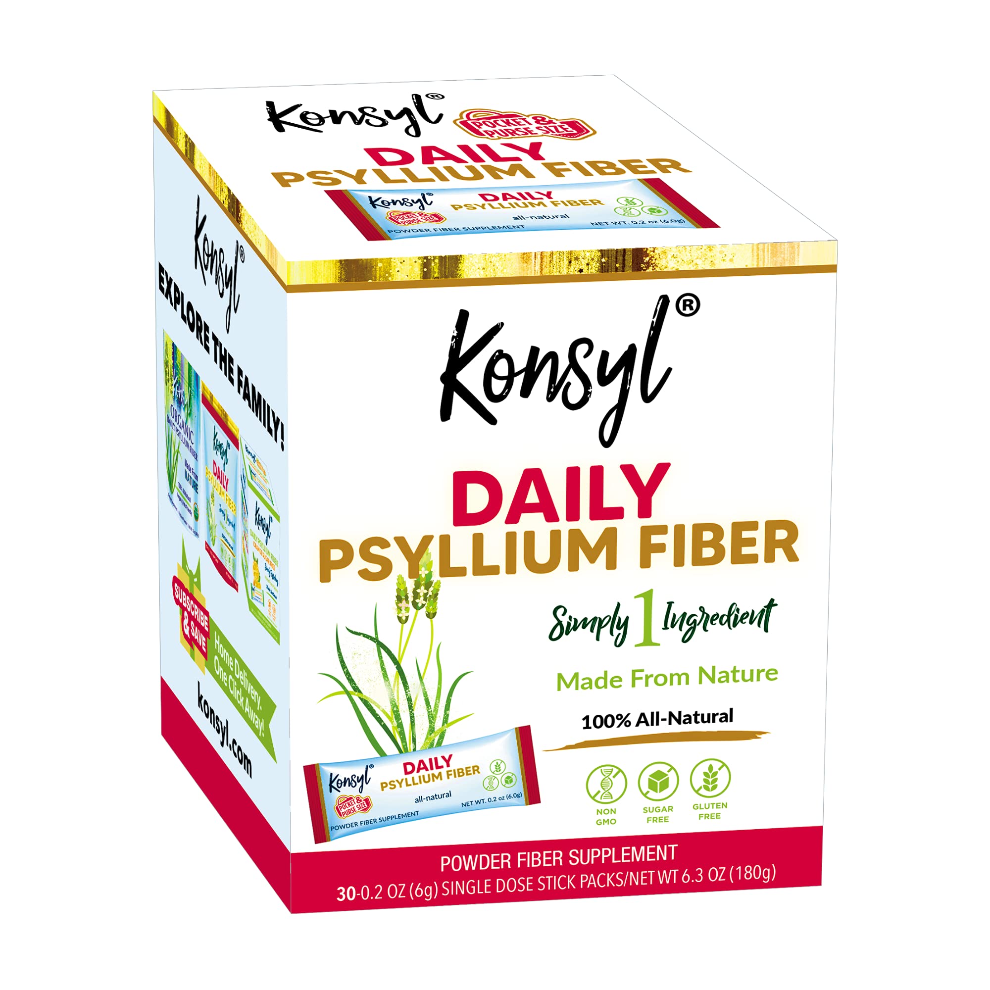 Konsyl daily psyllium stick-pack on a desk, convenient fiber on the go.
