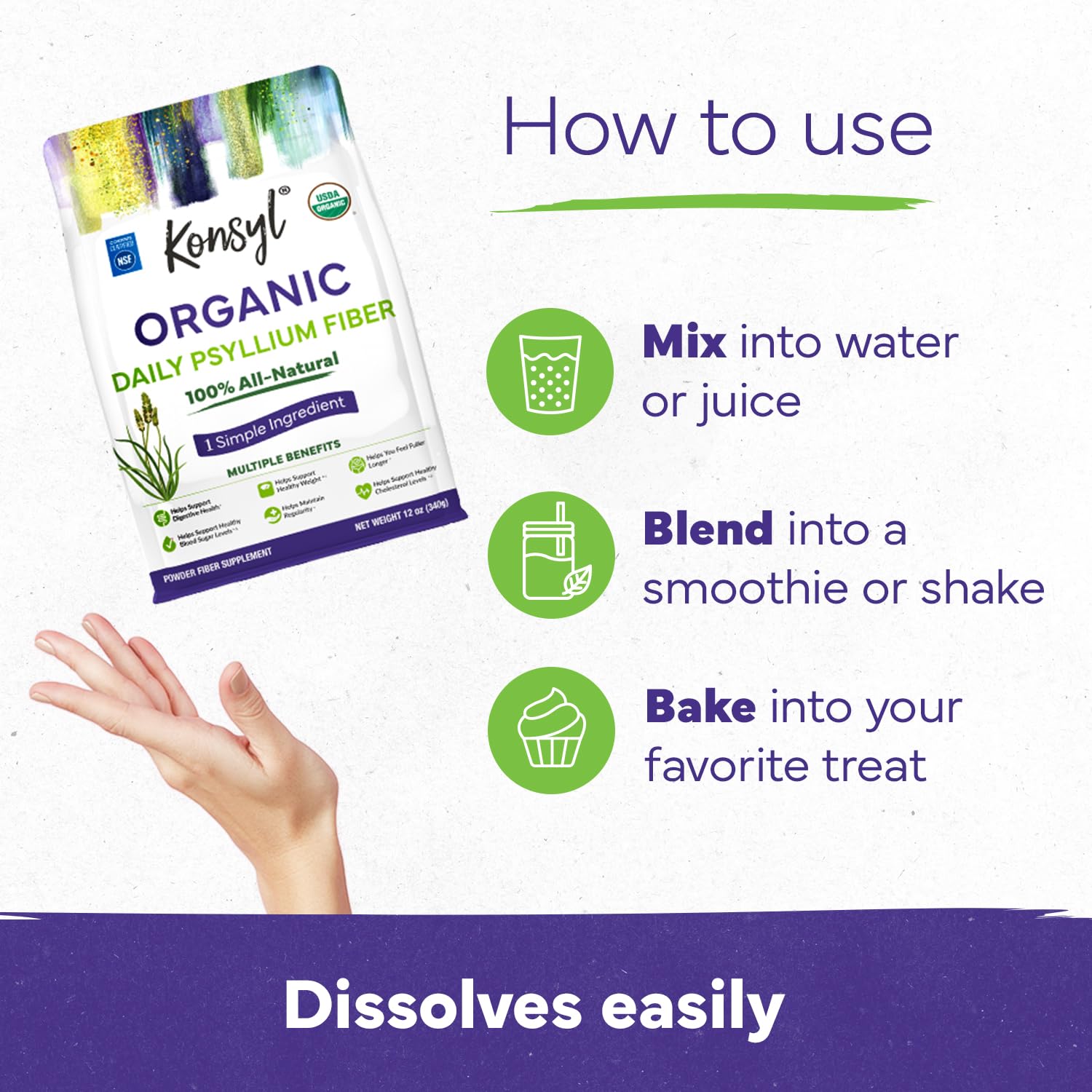 Konsyl psyllium husk powder scoop for precise daily fiber servings.