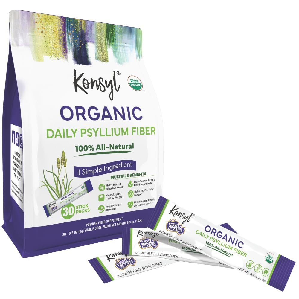 Konsyl psyllium husk stick packaging shown for convenient daily fiber on-the-go