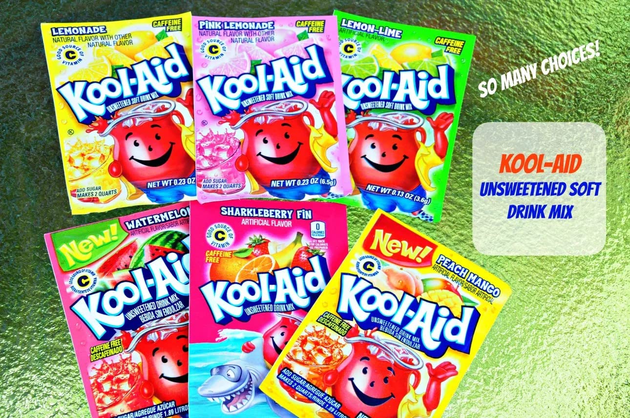 Kool Aid Ultimate Party Pack assorted flavors on a table, ready for on-the-go refreshment.