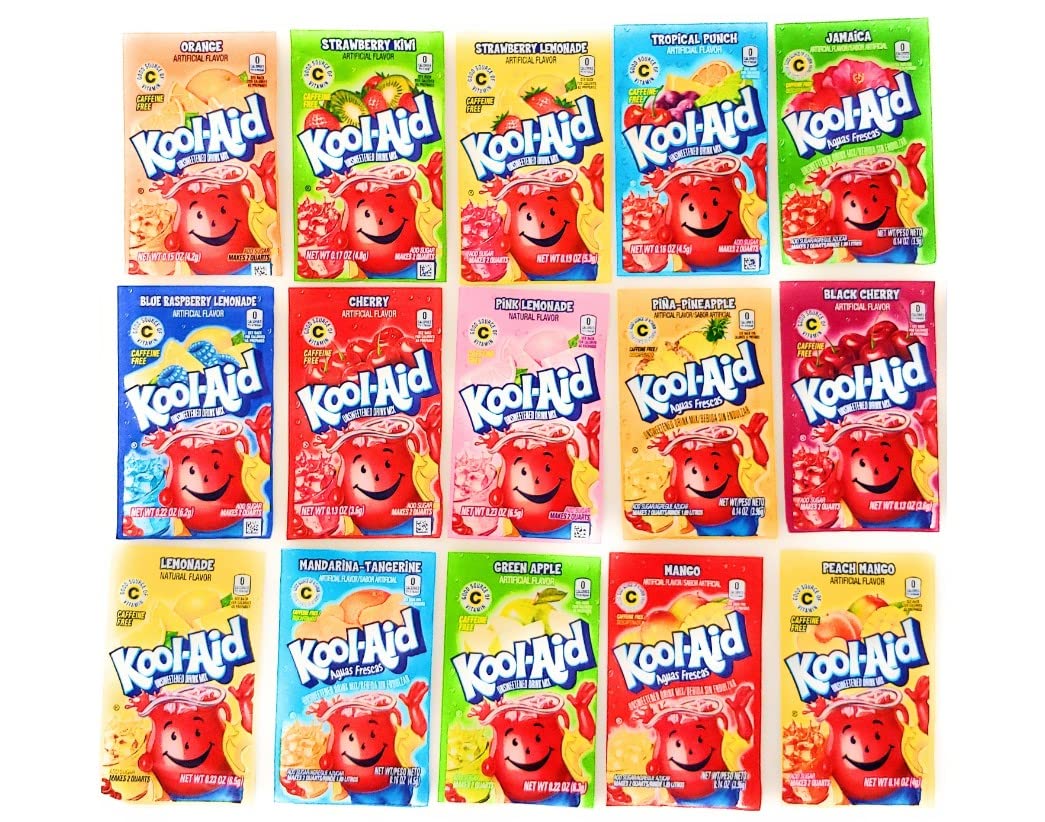 Kool Aid Ultimate Party Pack packets poured into a glass for quick, flavorful hydration.