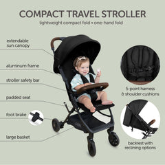KOOLABABY stroller shown with compact profile for airplane travel and overhead bin compatibility.