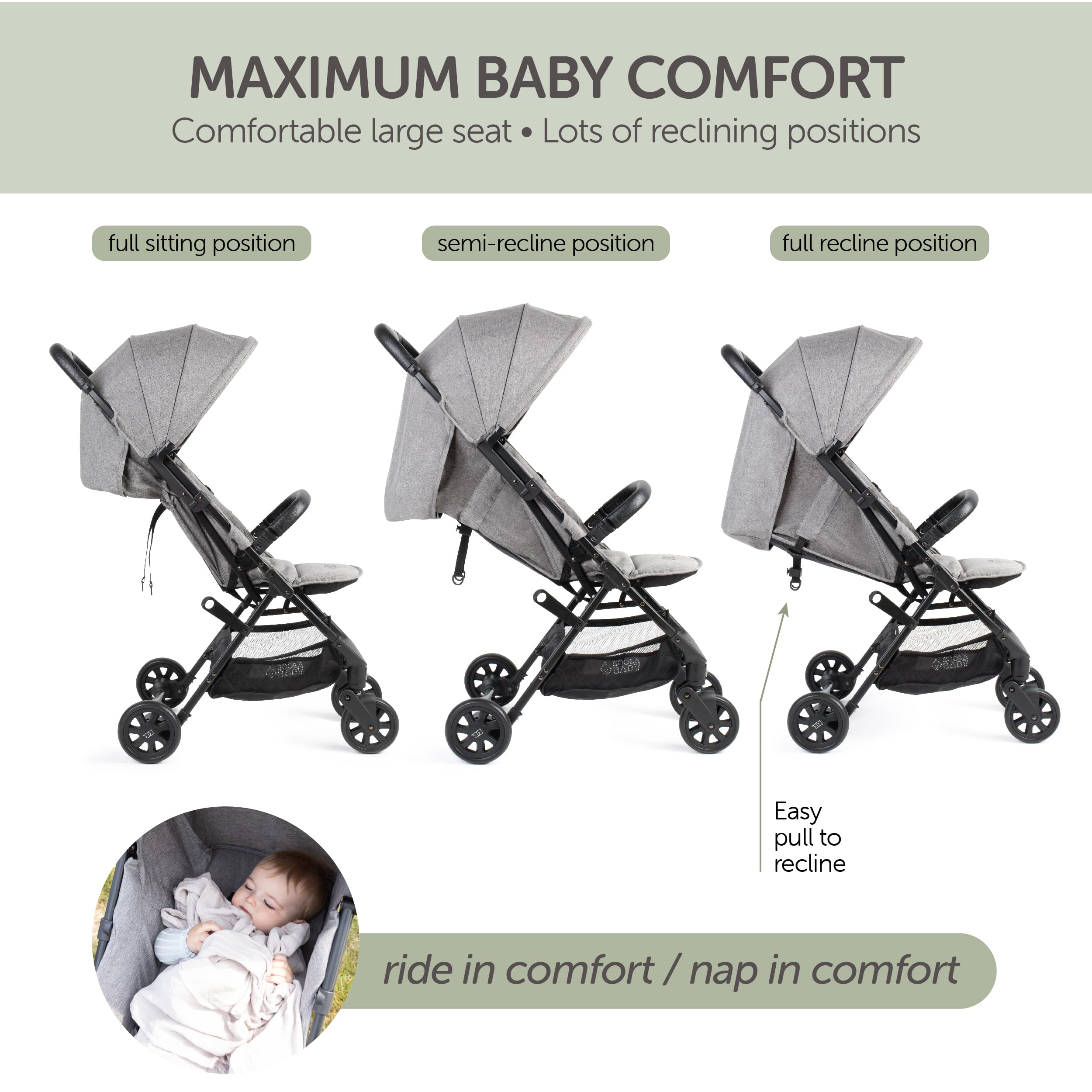 Koolababy grey fabric stroller highlights breathable, lightweight design.