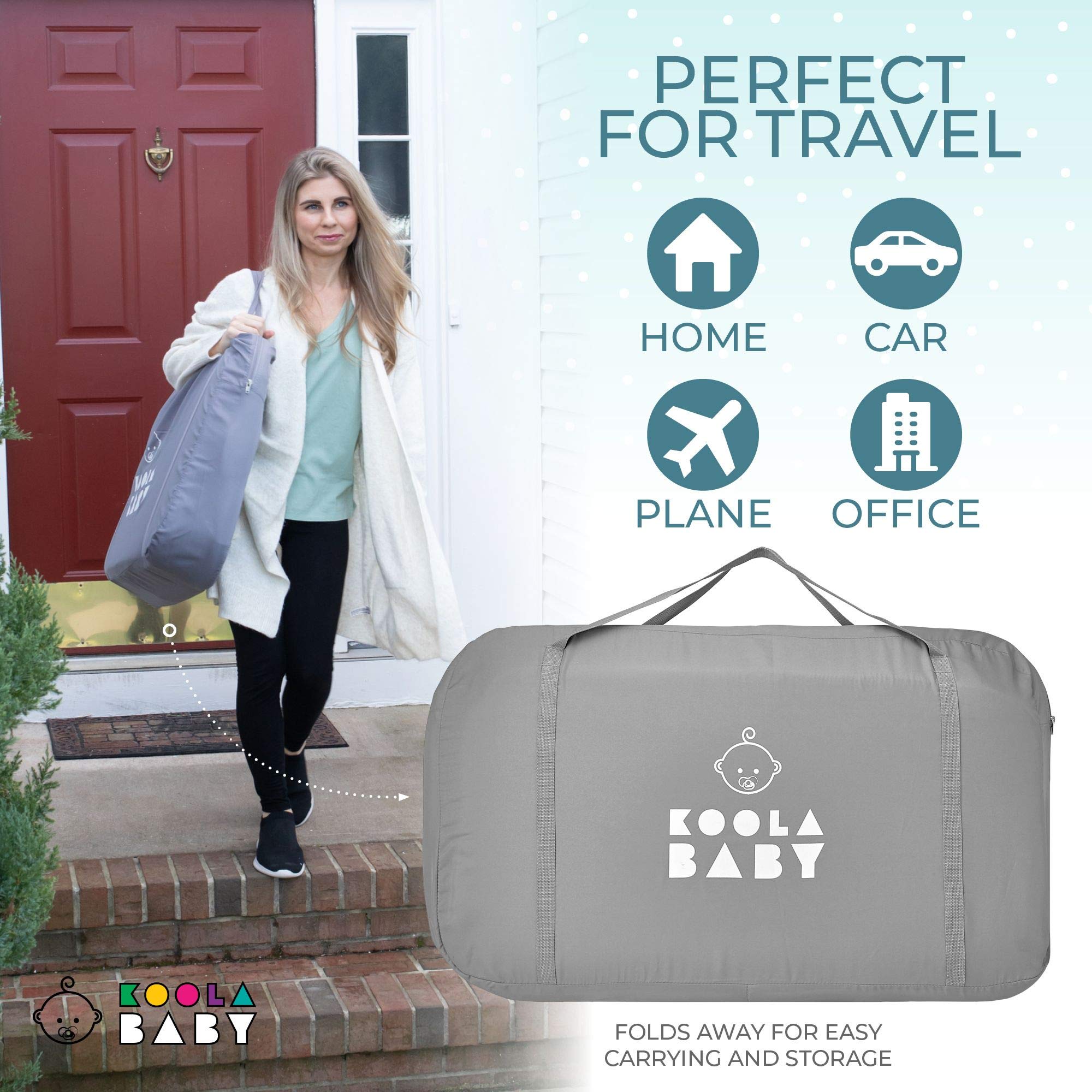 KoolerThings travel-friendly folding crib grey, folds compactly for trips.