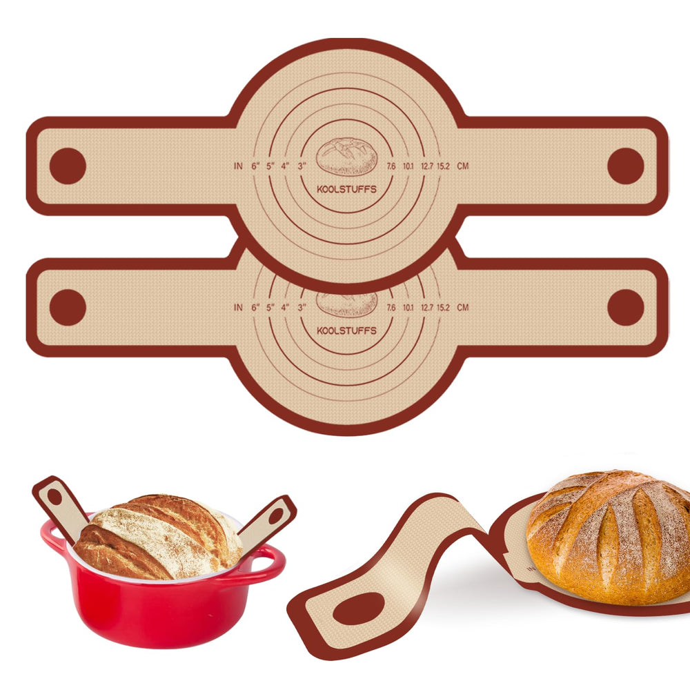 Koolstuffs silicone bread sling for Dutch oven enables smooth non-stick release.