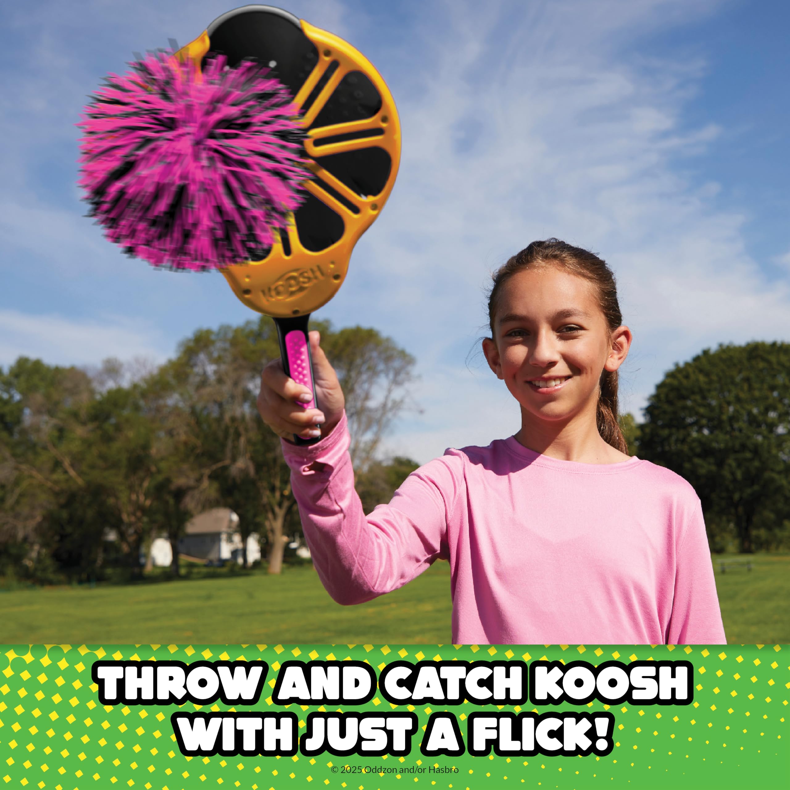 Koosh Flix Stix soft Koosh ball reduces bounce for safer indoor play.