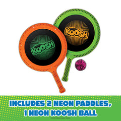 Koosh Paddle Playset enables compact indoor-outdoor play anywhere.