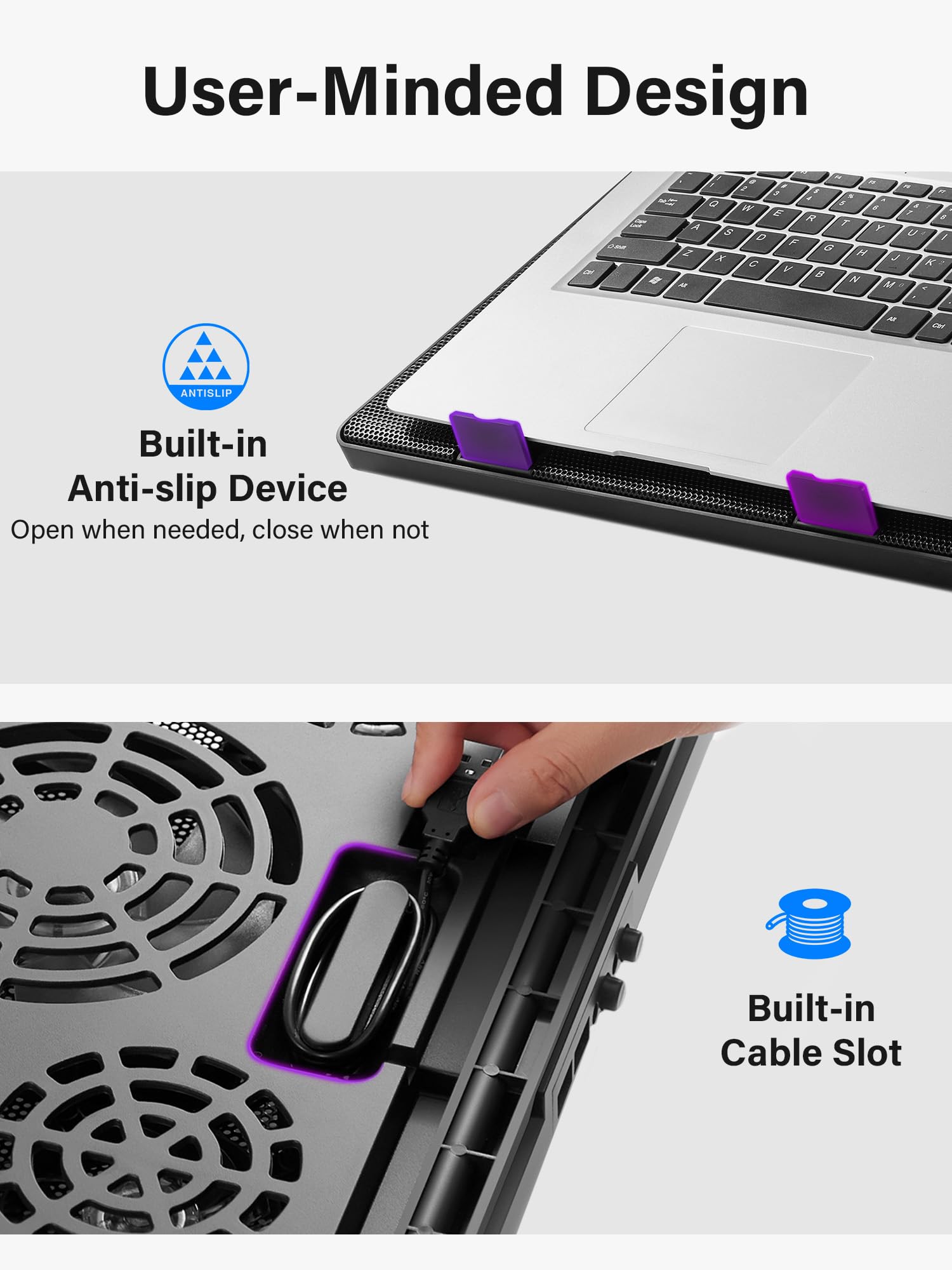 Kootek laptop cooling pad supports 12-17 inch laptops for secure use.