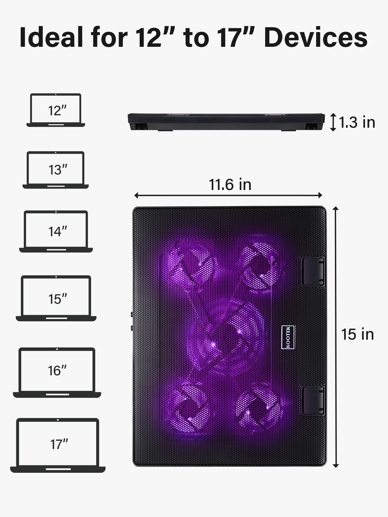 Kootek laptop cooling pad front stoppers prevent slips during use.