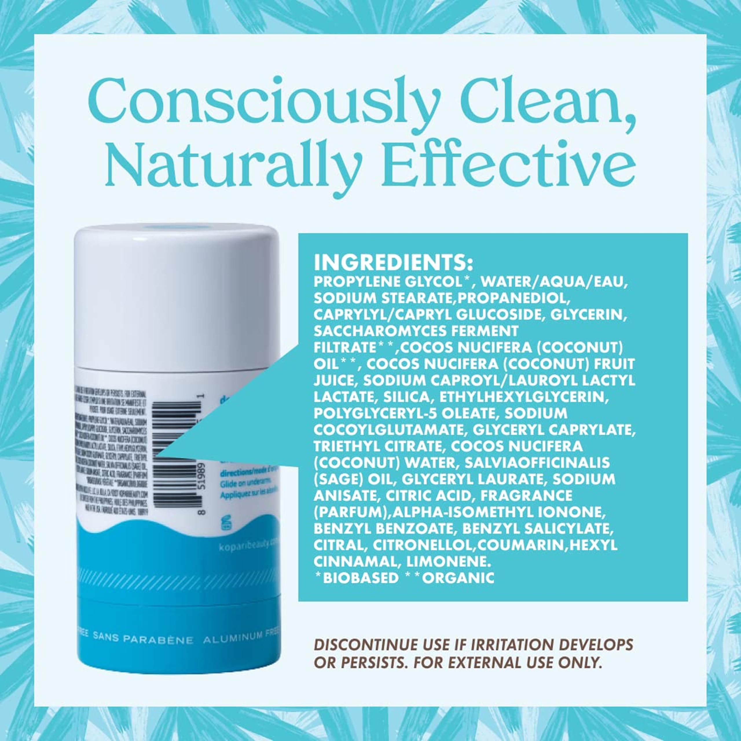 Clean plant-based formula visual for Kopari deodorant