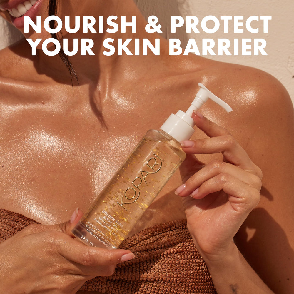 Kopari Golden Aura Oil on skin with dewy, non-greasy finish.