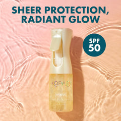 Kopari sunscreen spray on arm demonstrating quick-dry, sheer application