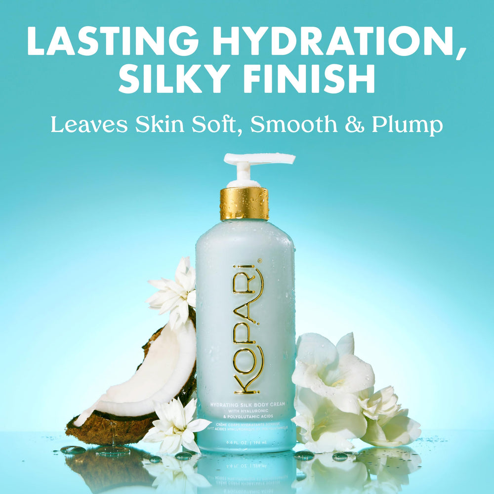 Kopari Hydrating Silk Body Cream dispensed with a precise pump