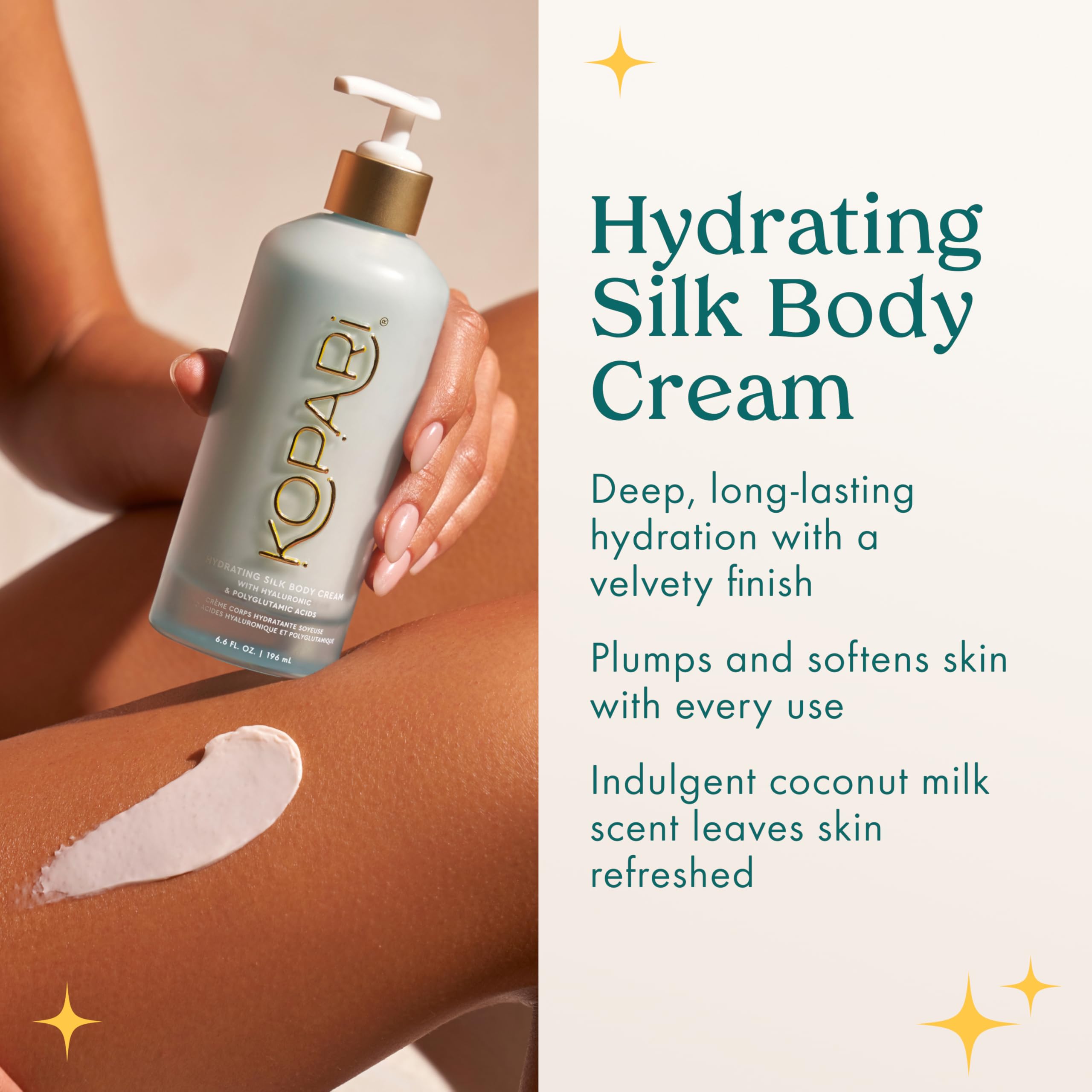 Kopari Hydrating Silk Body Cream texture close-up shows silky formula