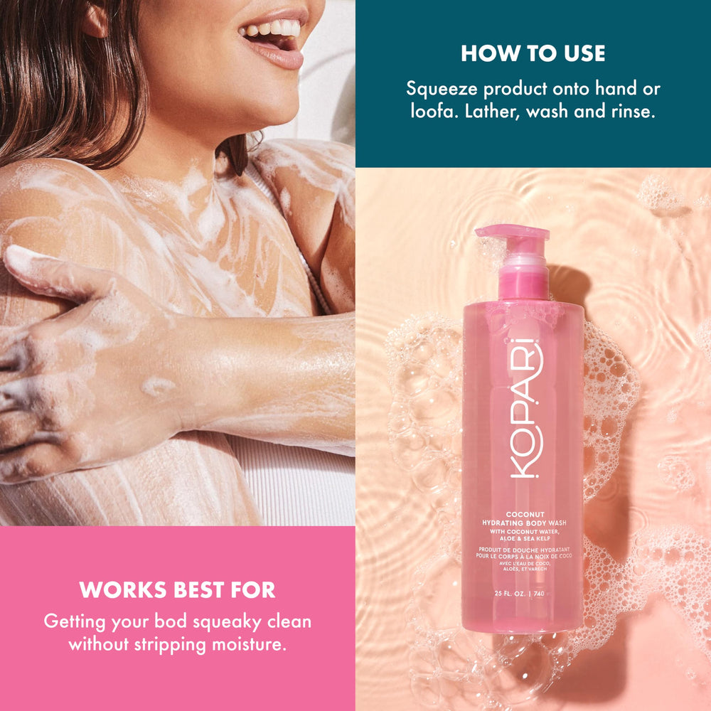Kopari Jumbo Coconut Hydrating Body Wash cleanses gently without stripping natural oils.