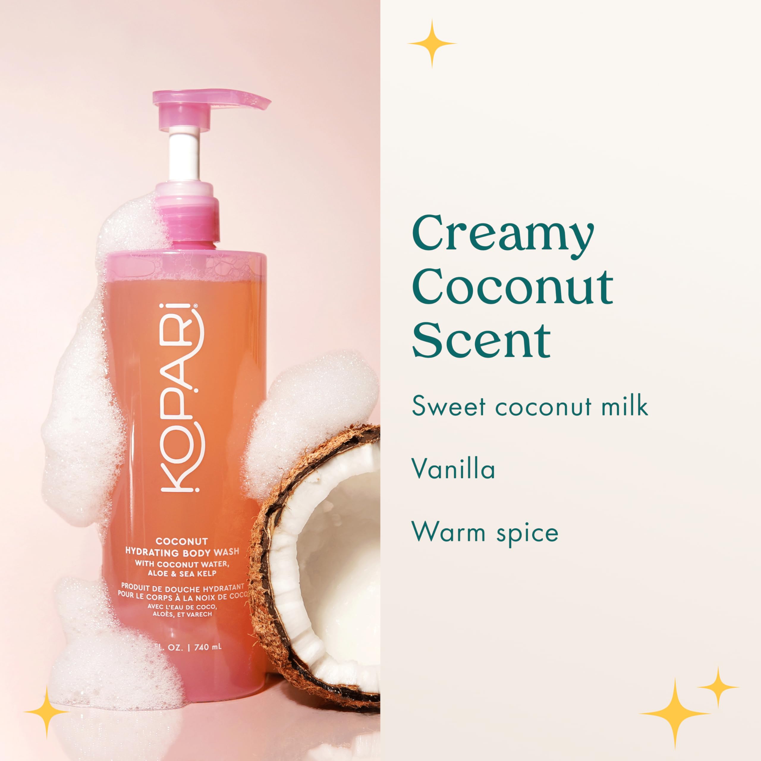 Kopari Jumbo Coconut Hydrating Body Wash aroma delivers coconut and vanilla scent.