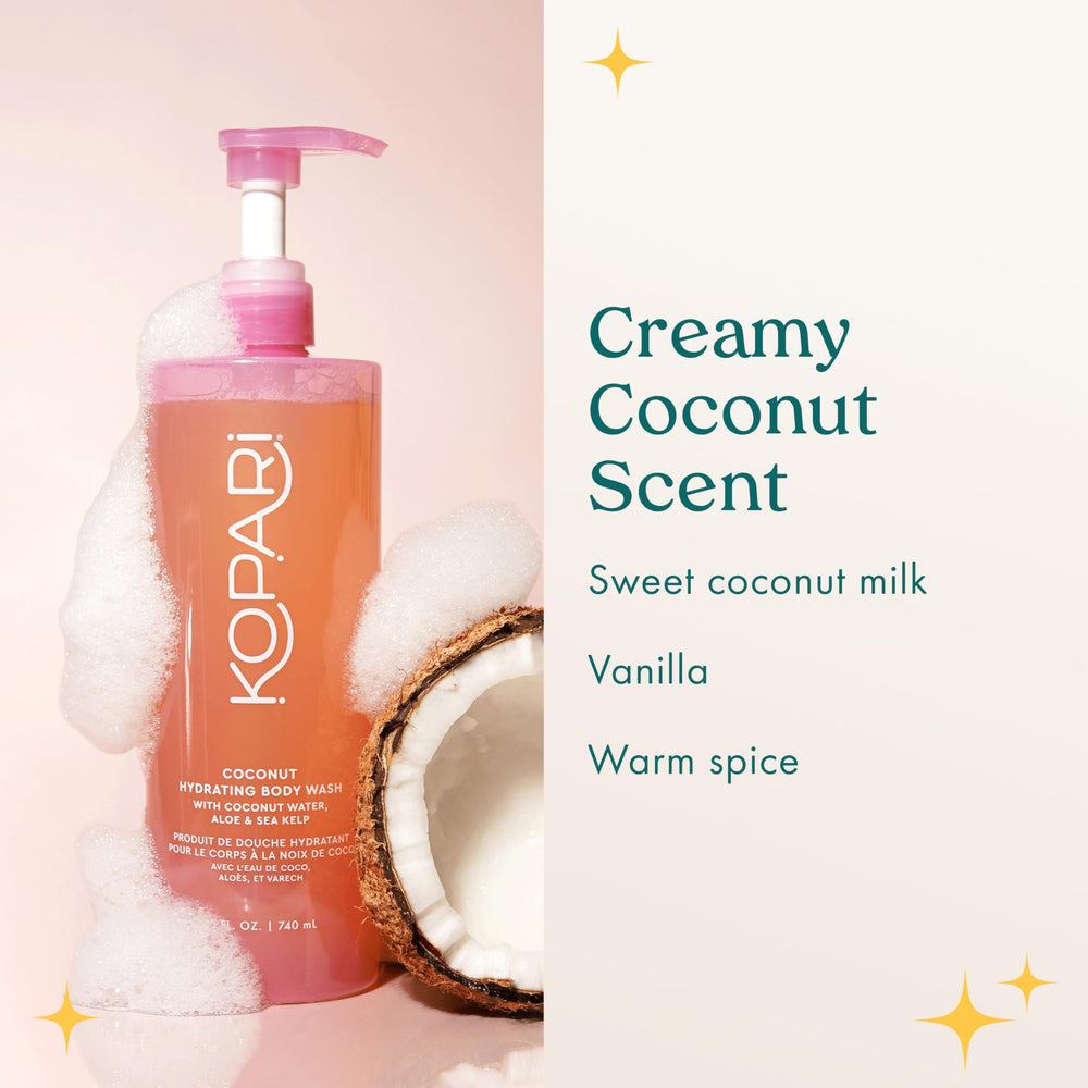 Kopari Jumbo Coconut Hydrating Body Wash aroma delivers coconut and vanilla scent.