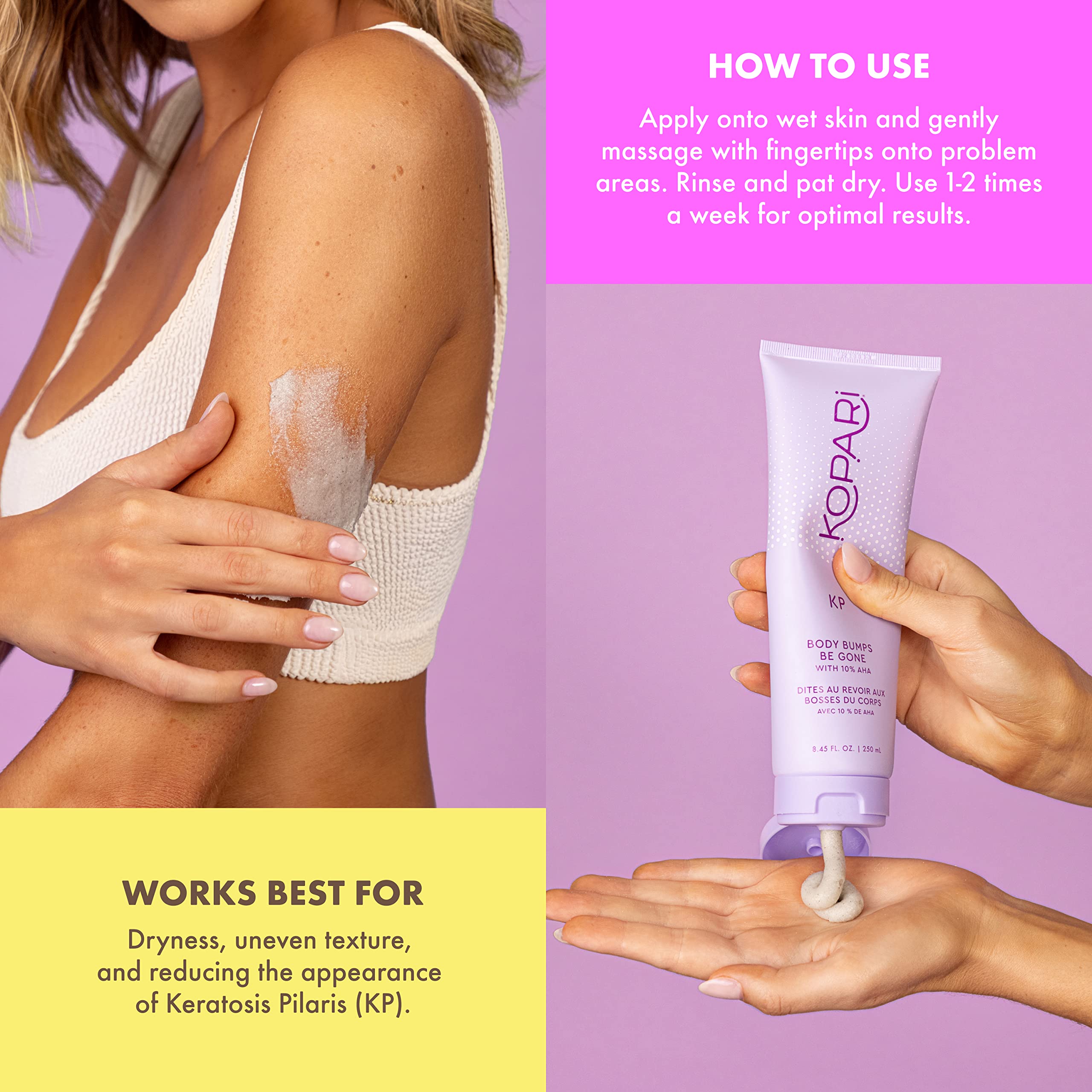 Kopari KP Body Bumps Be Gone with hydrating jojoba oil on skin.
