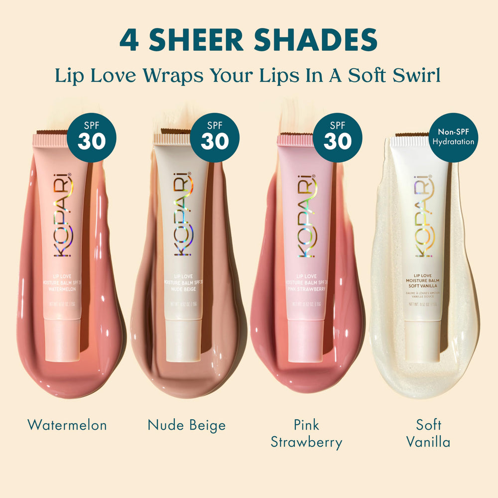 Kopari Lip Love Moisture Balm on lips shows strawberry flavor and hydration.