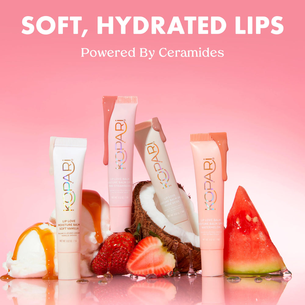 Kopari Lip Love Moisture Balm SPF 30 tube closeup highlights reef-friendly protection.