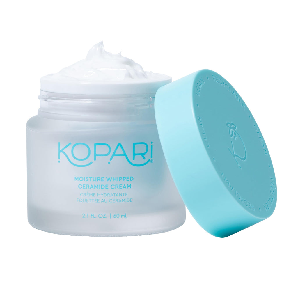Kopari Moisture Whipped Ceramide Cream bottle shows a lightweight hydrating formula for daily use