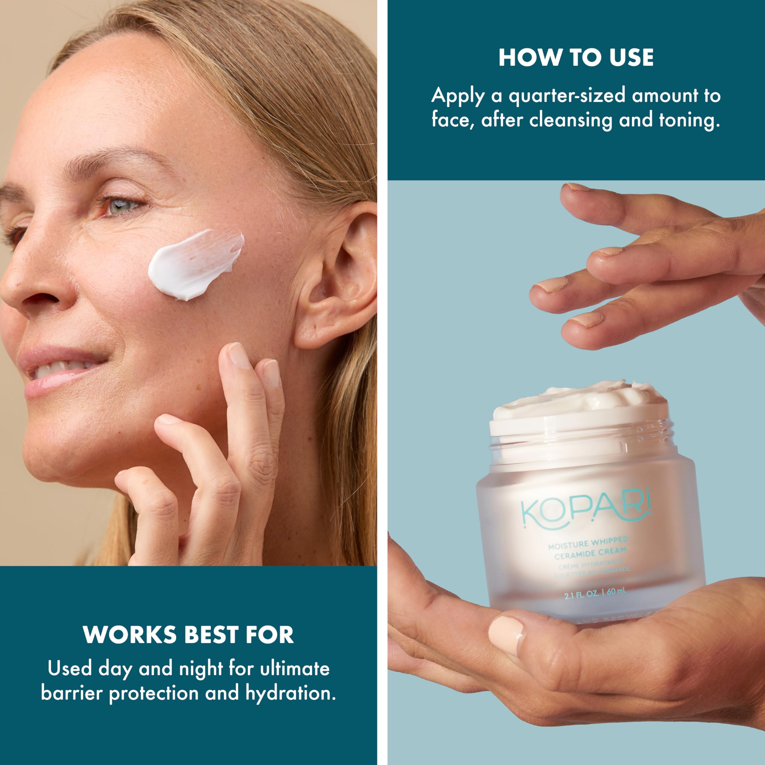 Kopari Moisture Whipped Ceramide Cream ingredients panel emphasizes vegan ceramides and hyaluronic acid