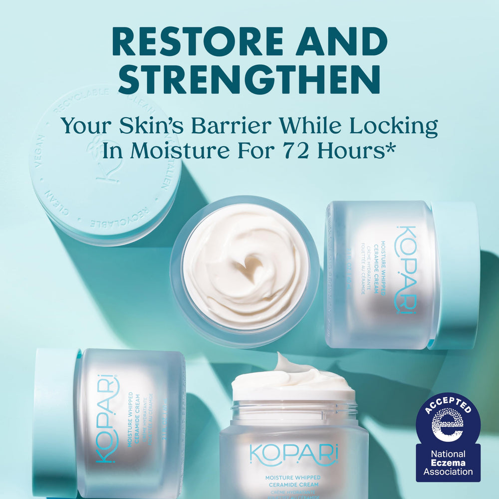 Kopari Moisture Whipped Ceramide Cream jar closeup highlights rich texture that absorbs quickly