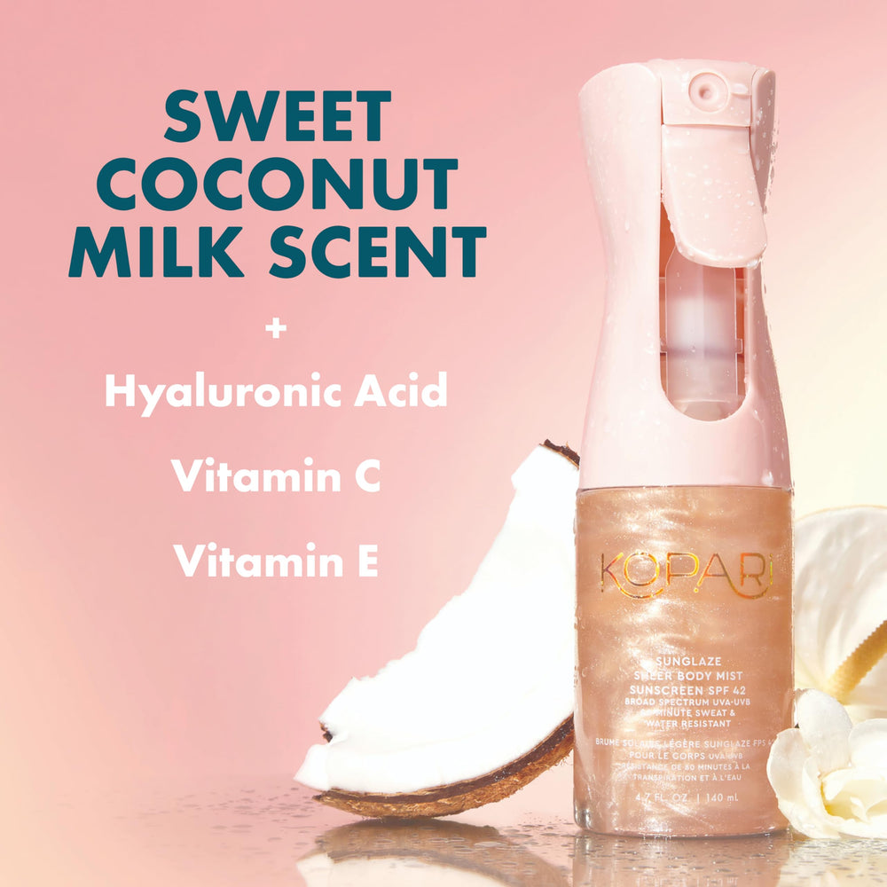 Kopari Rose Gold Sunglaze on beach skin shows hydrating, non-sticky finish.