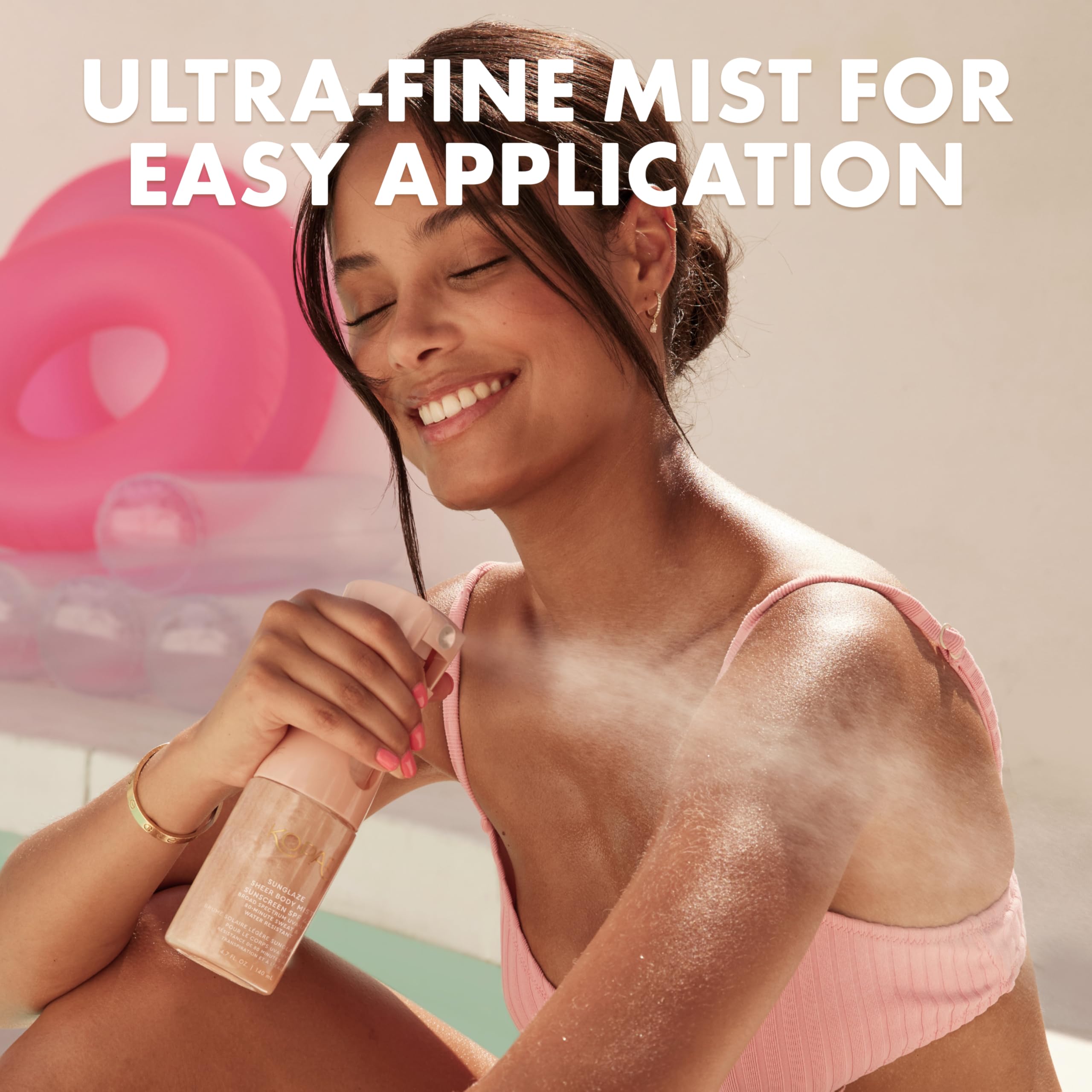 Kopari Rose Gold Sunglaze spray close-up demonstrates even, quick-drying coverage.