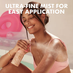 Kopari Rose Gold Sunglaze spray close-up demonstrates even, quick-drying coverage.