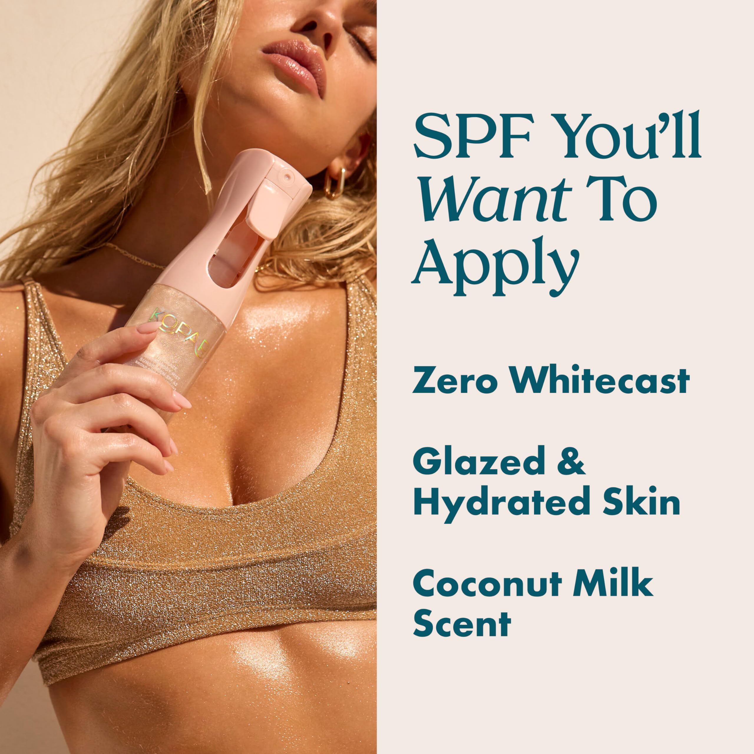 Kopari Rose Gold Sunglaze shimmer on skin hints at a glow while protecting.