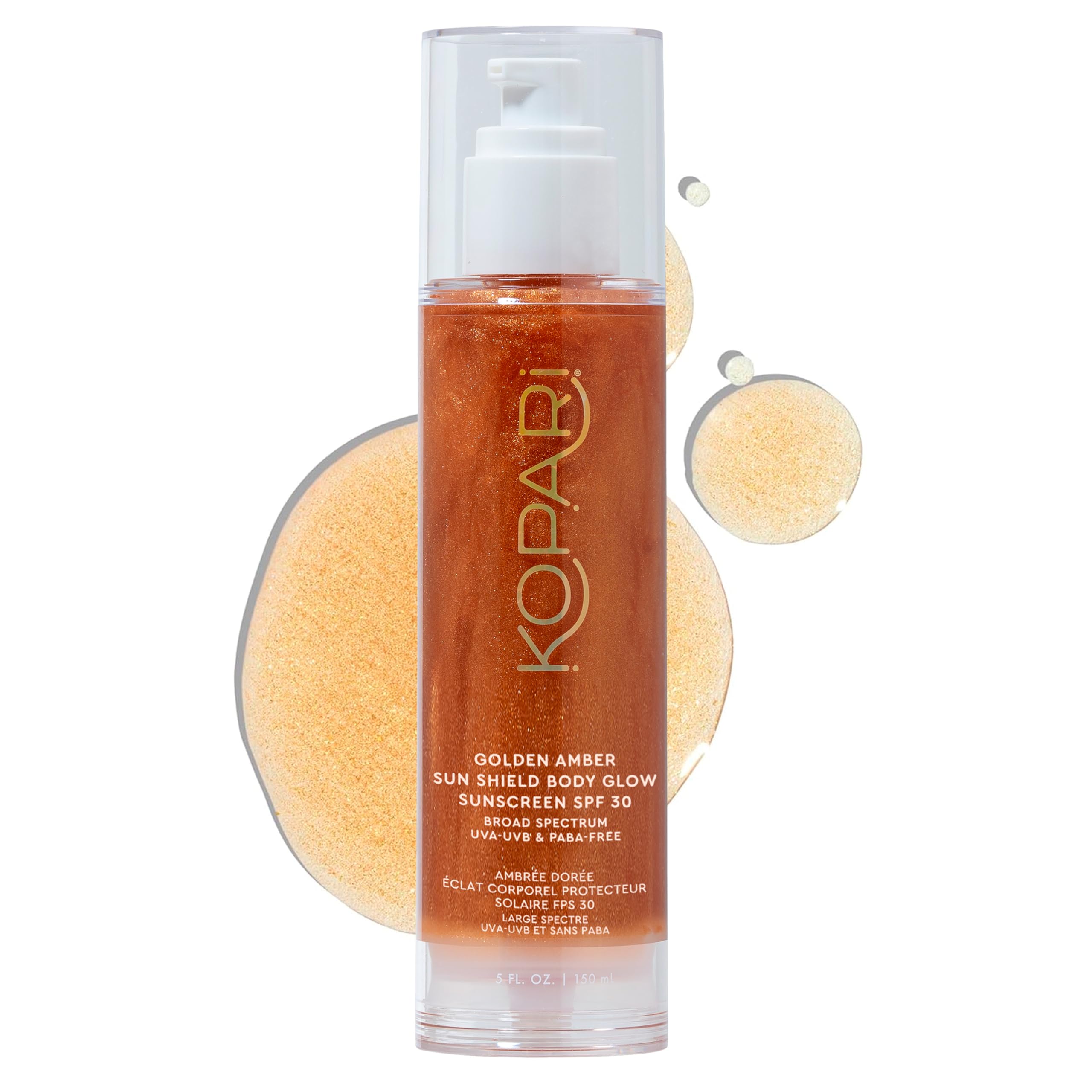 Kopari Sun Shield Body Glow bottle showing radiant bronze shimmer for daily sun care.