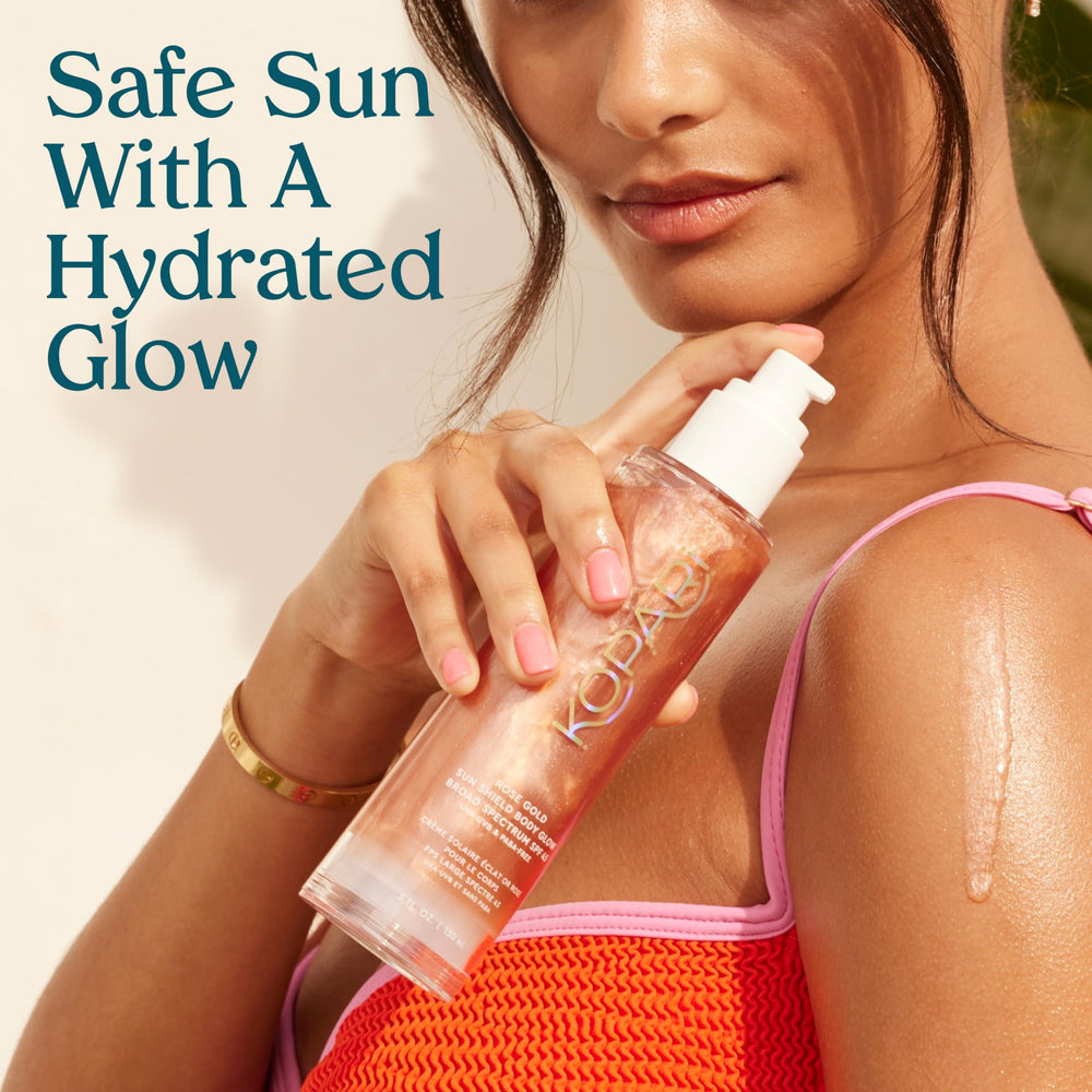 Kopari Sun Shield Body Glow macadamia hibiscus oil nourishes skin while glowing.