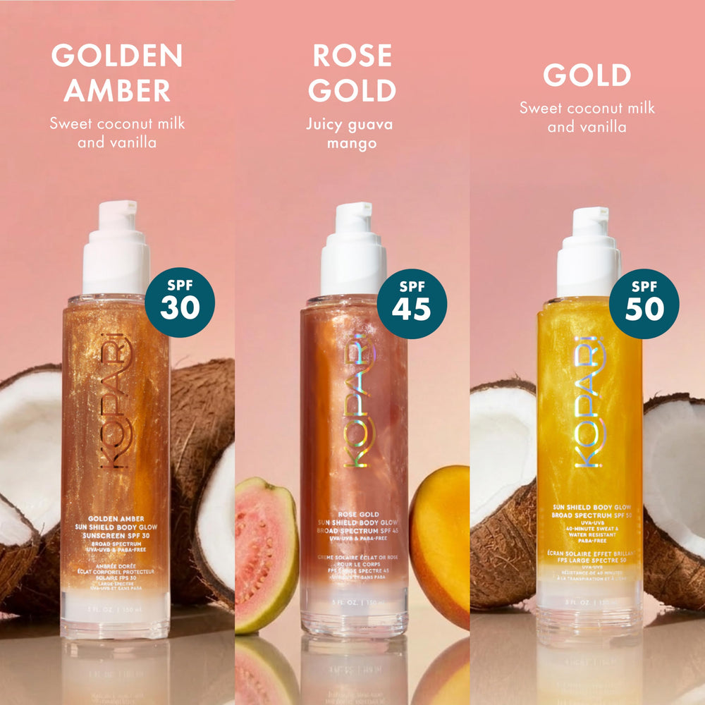 Kopari Sun Shield Body Glow rose-gold shimmer highlights your complexion.