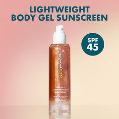 Kopari Sun Shield Body Glow gel texture absorbs quickly and feels non-sticky.