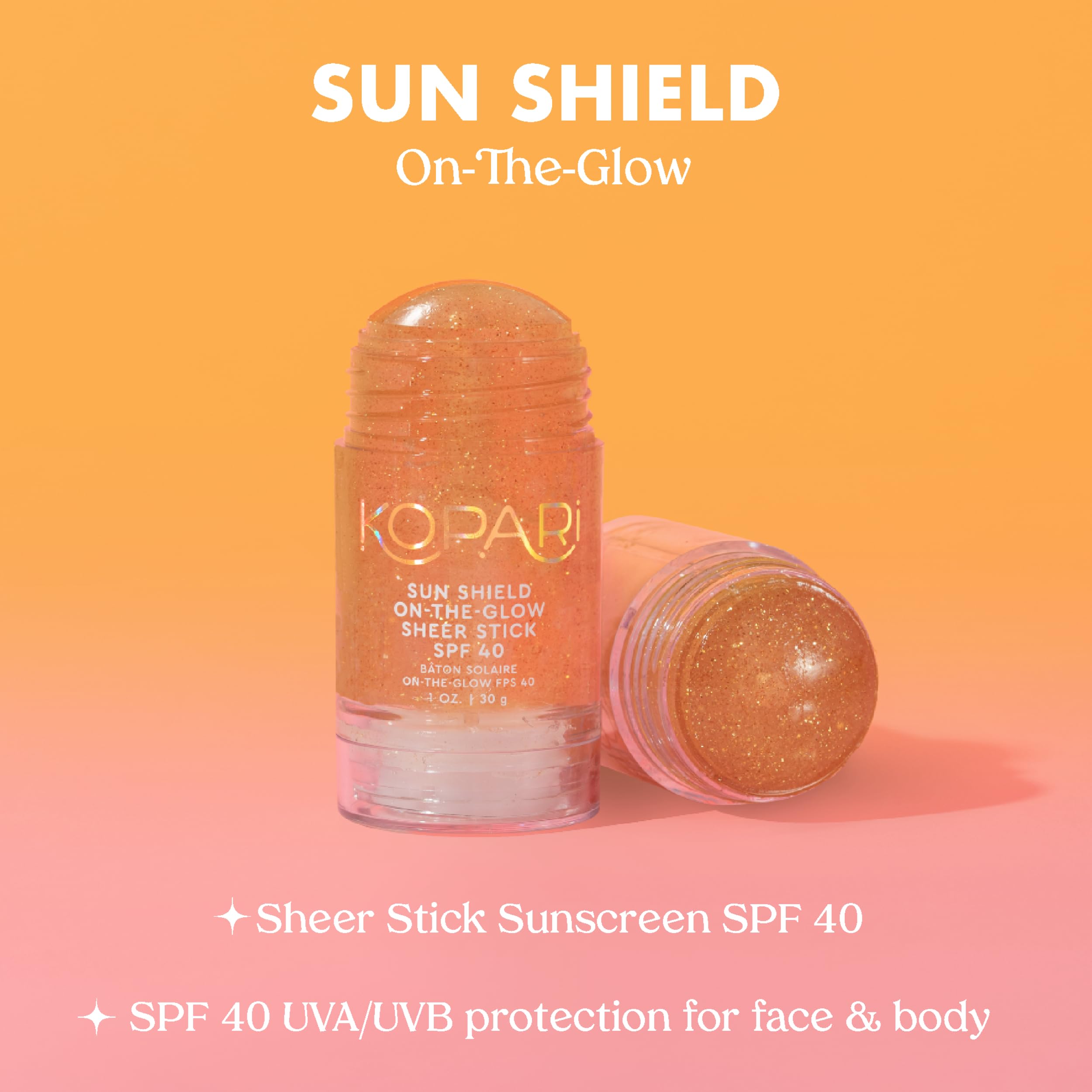 Kopari Sun Shield On-The-Glow stick gliding on skin for easy reapplication