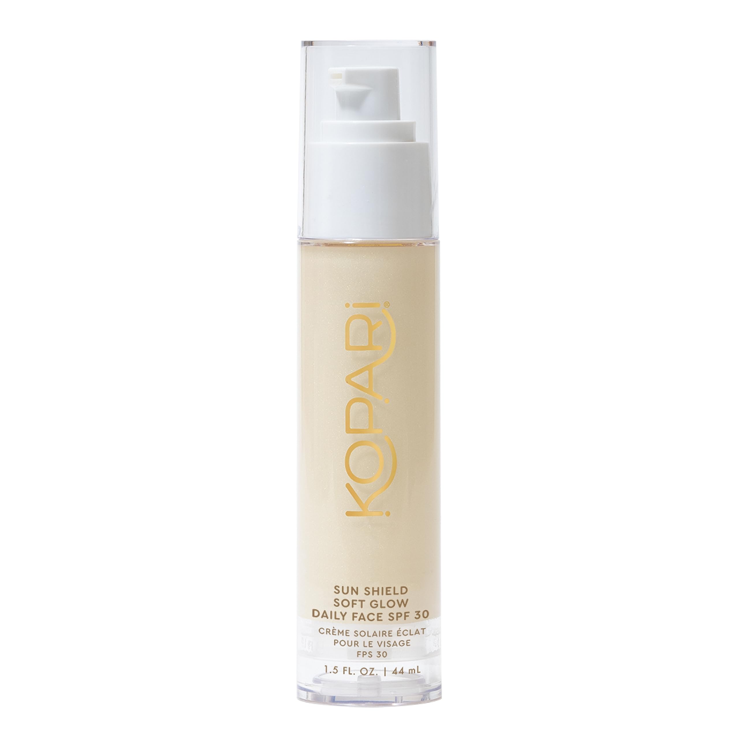 Kopari Sun Shield Soft Glow bottle-dispense shows easy daily sunscreen application and hydration.