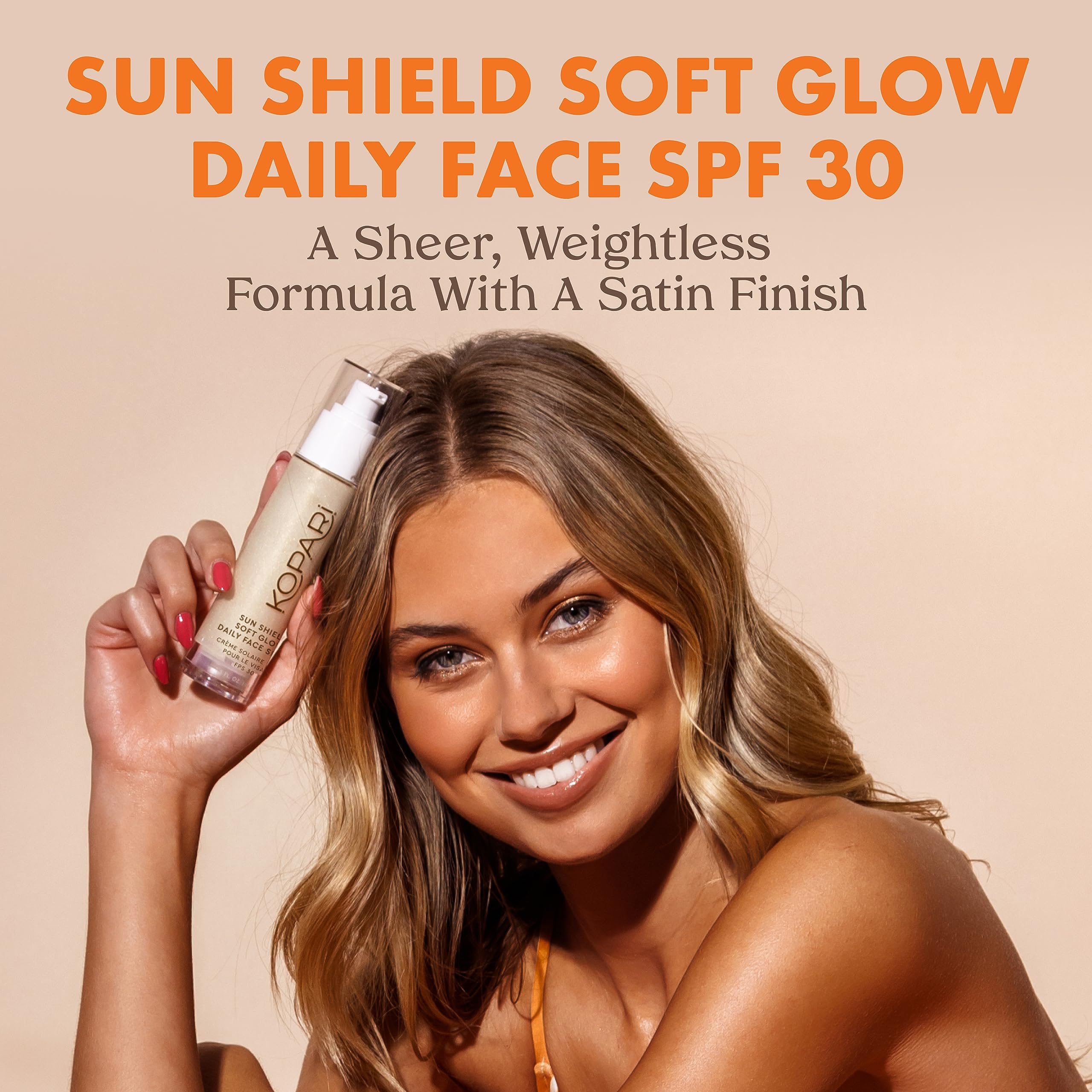 Kopari Sun Shield Soft Glow cream-gel-texture highlights light-weight, non-greasy SPF for makeup-ready skin.