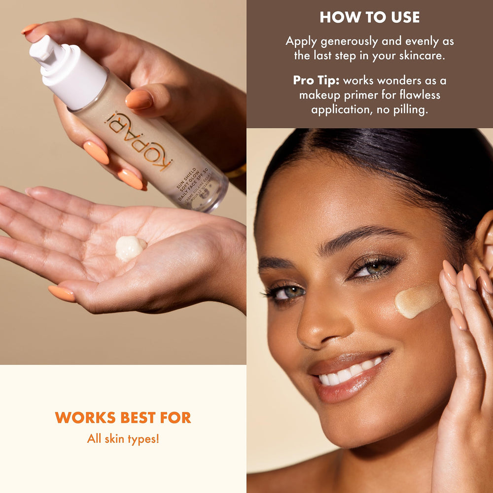 Kopari Sun Shield Soft Glow hydration-microdrops emphasize light moisture without a heavy feel.