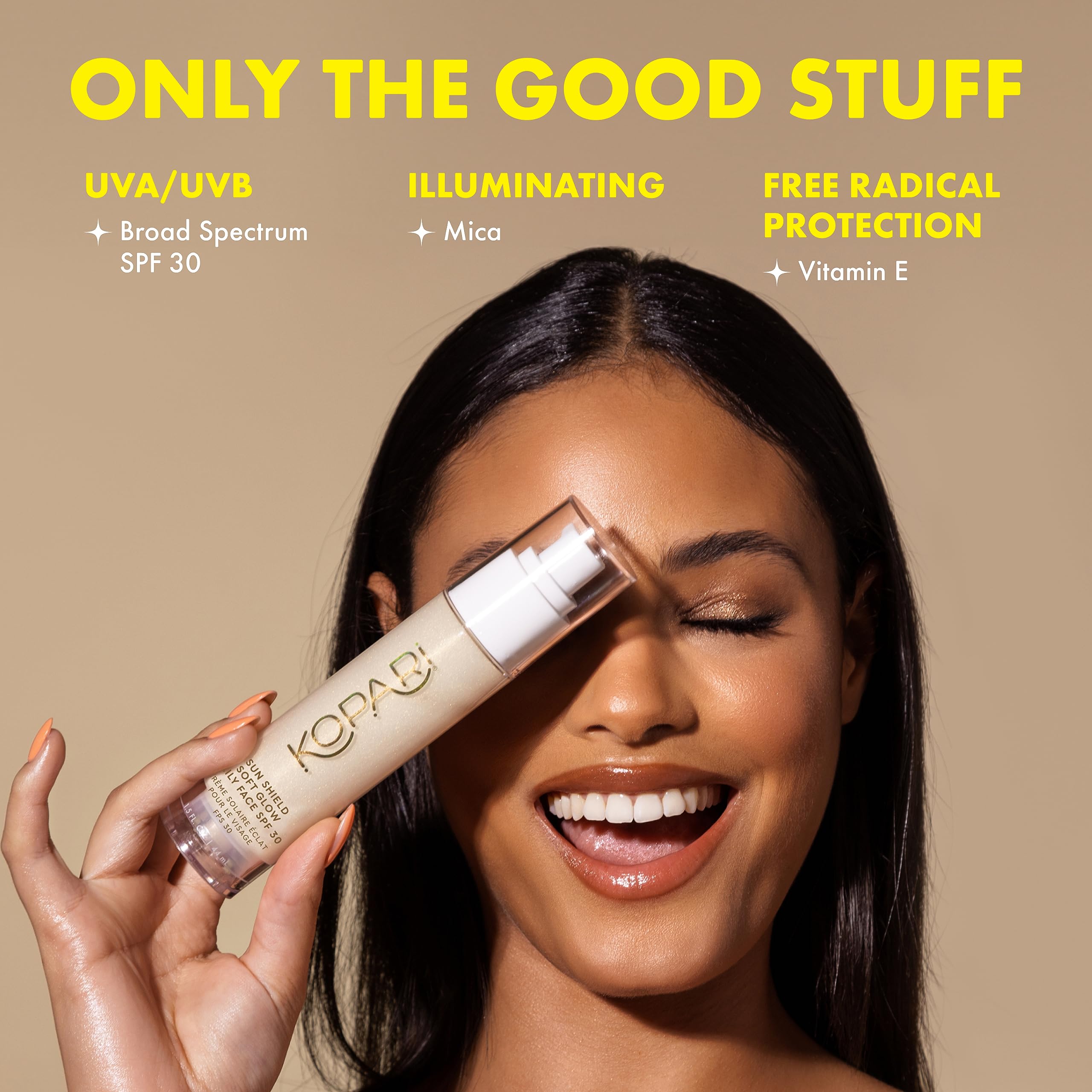 Kopari Sun Shield Soft Glow spf-30-cover protects against UVA/UVB while refreshing skin.
