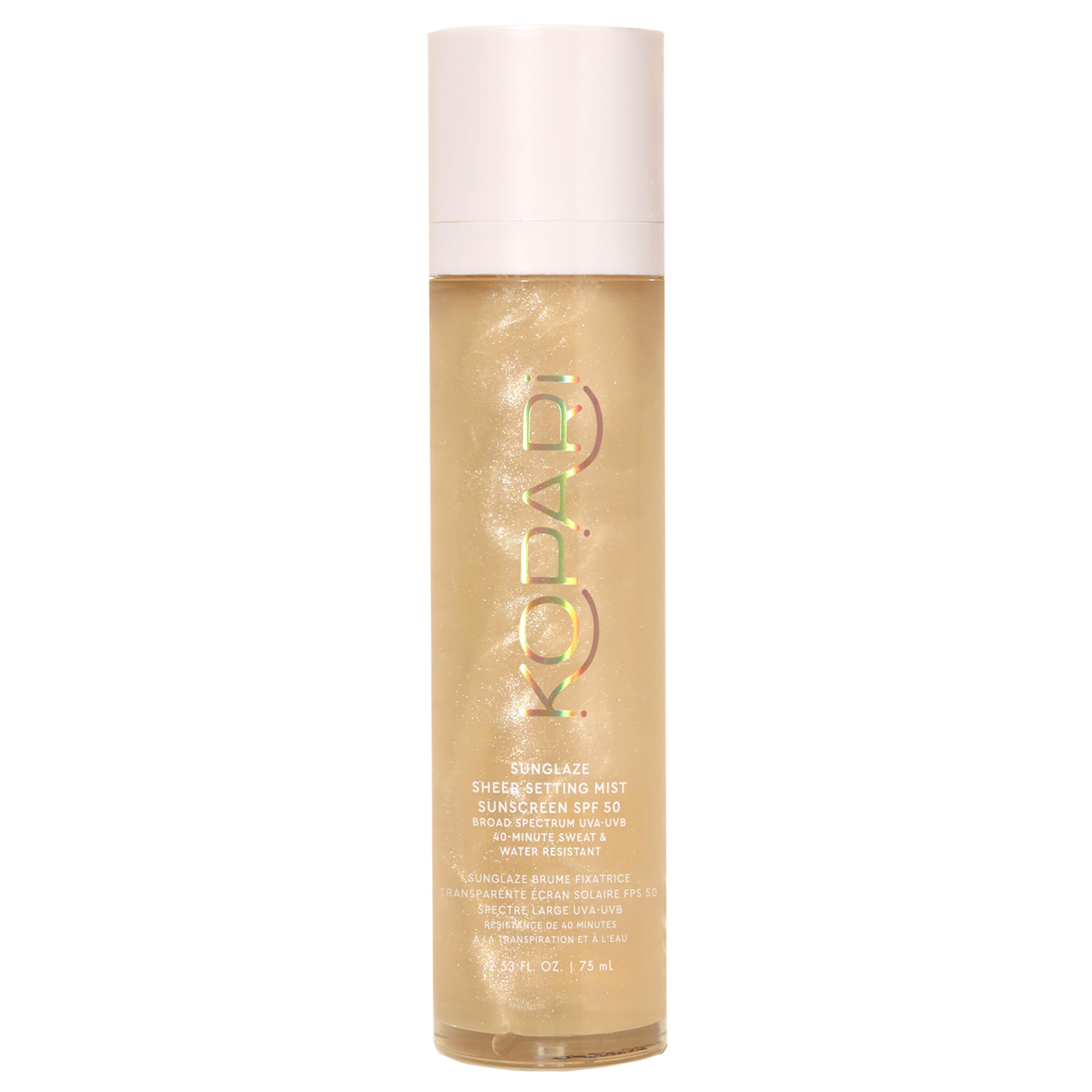 Kopari Sunglaze setting mist bottle showing SPF 50 protection for a dewy finish.