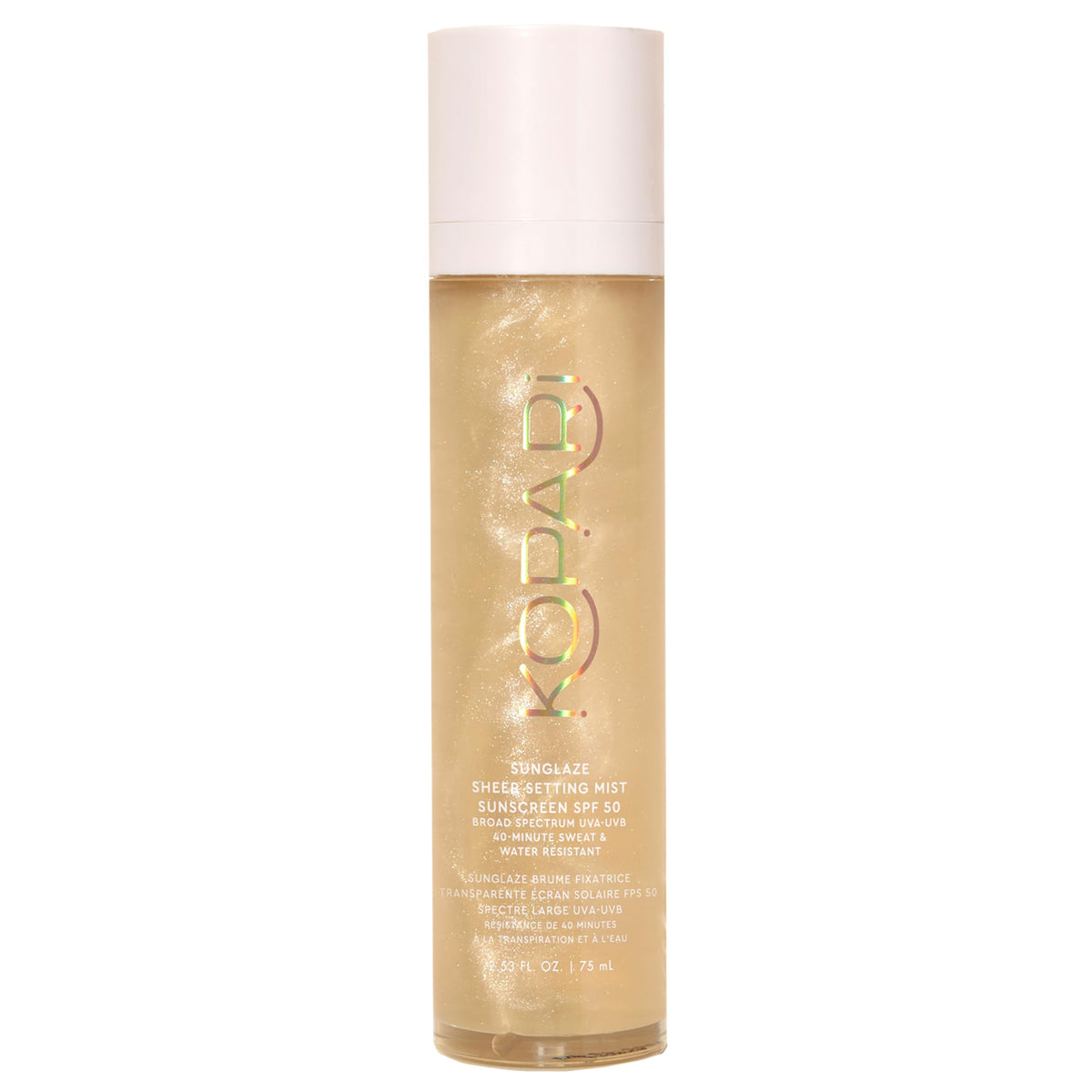 Kopari Sunglaze setting mist bottle showing SPF 50 protection for a dewy finish.