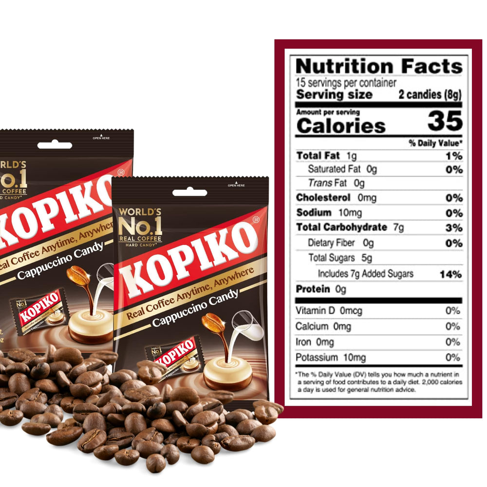 Foil-wrapped Kopiko Cappuccino Candy closeup reveals glossy texture.